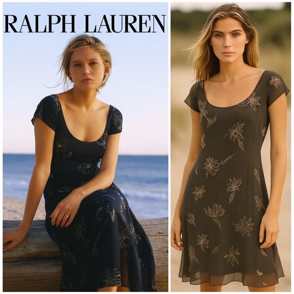 Ralph Lauren Dresses & Skirts - Vintage Ralph Lauren Silk Floral Midi Dress 2 Flowy Cap Sleeve Slip 90s Navy